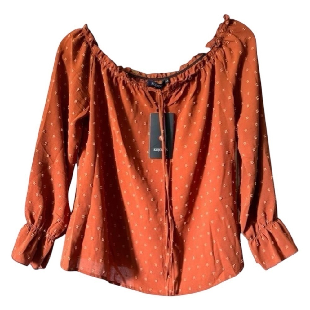 KOJOON women’s rust orange textured off the shoulder long sleeve blouse